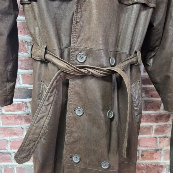 Pelle Cuir Leather Coat M | Vintage 80s Brown Double Breasted Trench - Picture 8 of 9